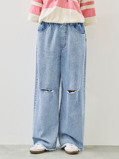 まさ出品 セール】 ダメージデニムイージーパンツ（オフホワイト/サックス