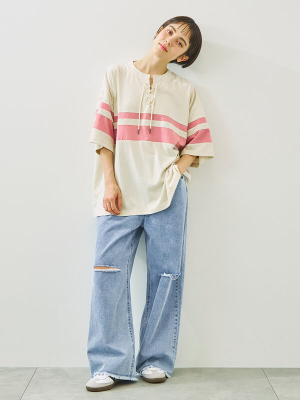 オCan（感謝） セール】 ダメージデニムイージーパンツ（オフホワイト/サックス