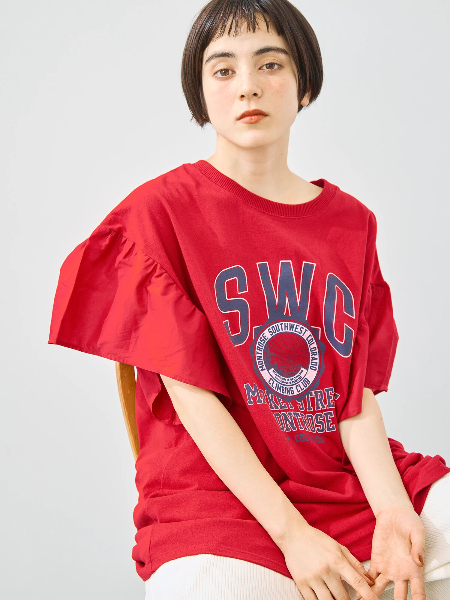 接触冷感]フレアスリーブチュニックTシャツ（オフホワイト