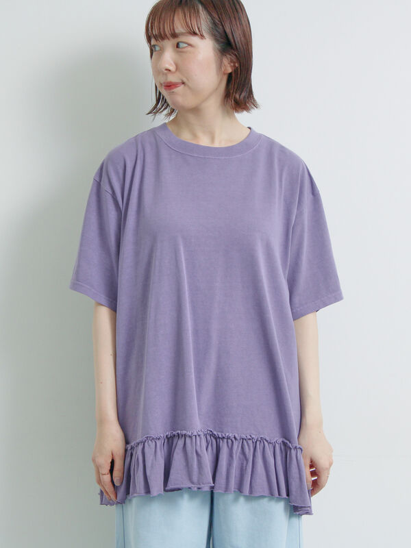 セール】 ピグメント加工裾フリルチュニックTシャツ（オフホワイト