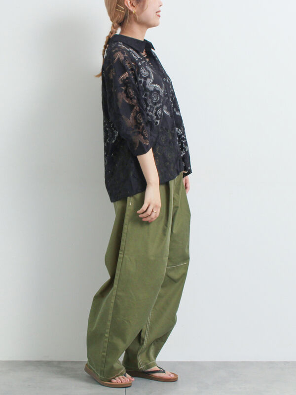 【1202】Mousa eo　3点セット セール】 ボイルチェックフリル襟ブラウス(セットアップ