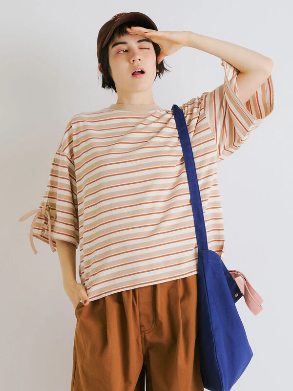 マルチボーダー袖スリットリボンTシャツ（ピンク/レッド/ベージュ/グリーン/ネイビー）｜SM2（エスエムツー）通販