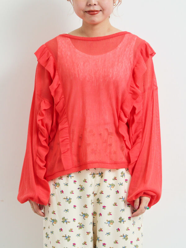 あーちゃページ セール】 シアーフリル前後2WAYカットソー（オフホワイト/ブラック