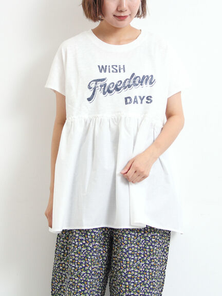 [接触冷感]切替ギャザーロゴプリントフレンチ袖Tシャツ（オフホワイト/チャコールグレー/イエロー）｜SM2（エスエムツー）通販