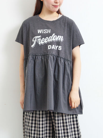 [接触冷感]切替ギャザーロゴプリントフレンチ袖Tシャツ（オフホワイト/チャコールグレー/イエロー）｜SM2（エスエムツー）通販