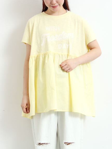 [接触冷感]切替ギャザーロゴプリントフレンチ袖Tシャツ（オフホワイト/チャコールグレー/イエロー）｜SM2（エスエムツー）通販