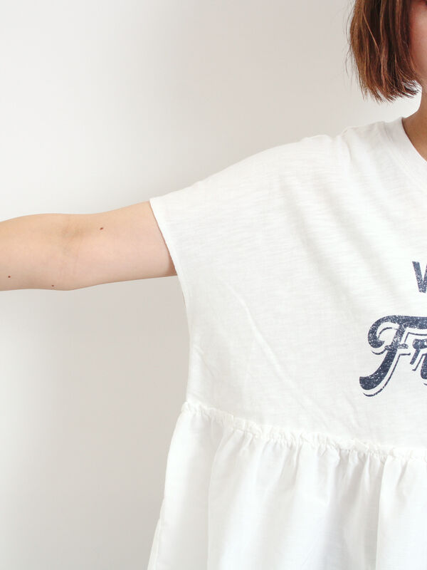 セール】 [接触冷感]切替ギャザーロゴプリントフレンチ袖Tシャツ（オフ