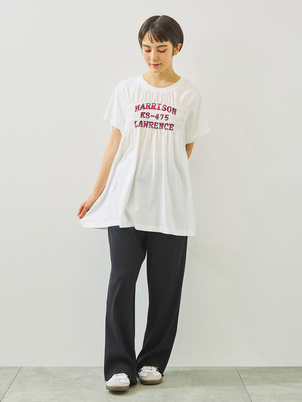 セール】 [接触冷感]シャーリングロゴプリントTシャツ（オフホワイト