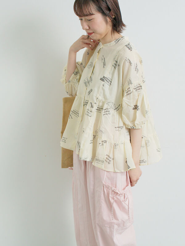 セール】 プリントアソートティアードブラウス（オフホワイト/ブラック