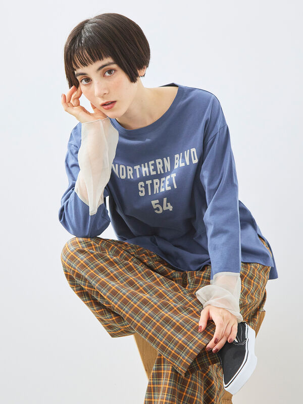 セール】 袖口シアー切替ロゴプリントカットソー（オフホワイト