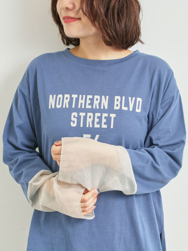 セール】 袖口シアー切替ロゴプリントカットソー（オフホワイト