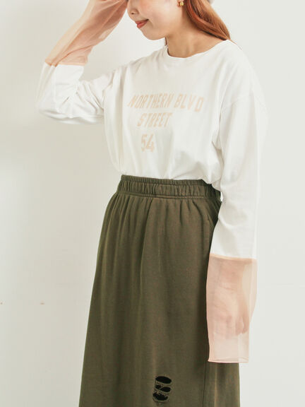 袖口シアー切替ロゴプリントカットソー（オフホワイト/チャコールグレー/オレンジ/ブルー）｜SM2（エスエムツー）通販