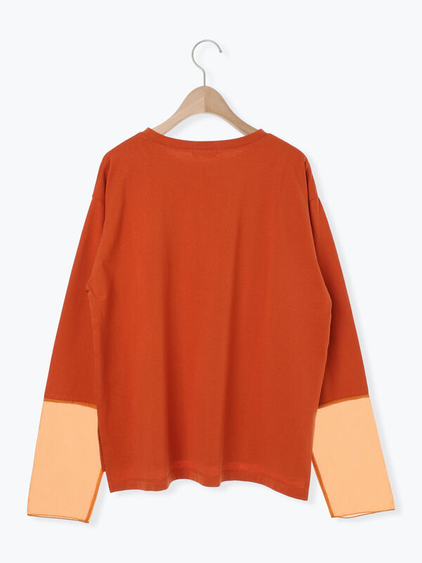 オレンジ色 プリーツ加工 Aライン長袖トップス シアークロス・Aラインチュニック/40代50代からのレディース