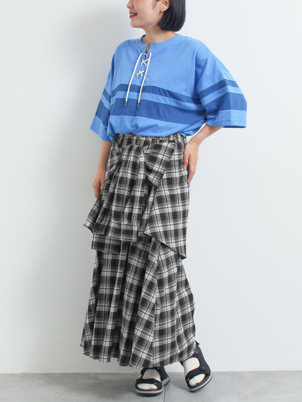 セール】 シャツ巻き風チェックスカート（ブラック/レッド/ブラウン