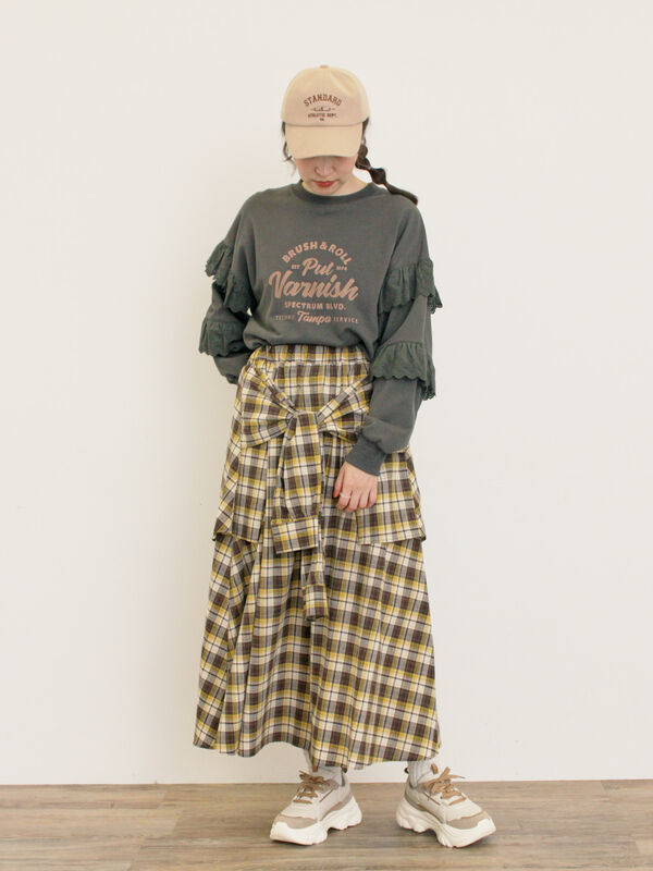 セール】 シャツ巻き風チェックスカート（ブラック/レッド