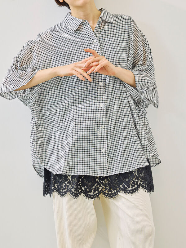 セール】 コットンボイルシアードルマンスリーブチェックシャツ（オフ
