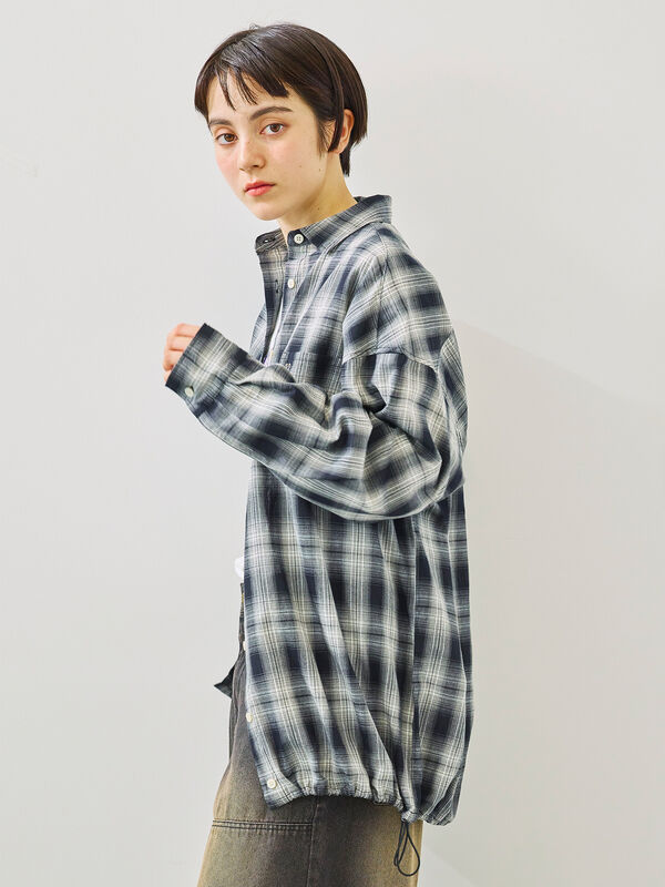 セール】 オンブレチェック裾ドロストシャツ（ブラック/ピンク