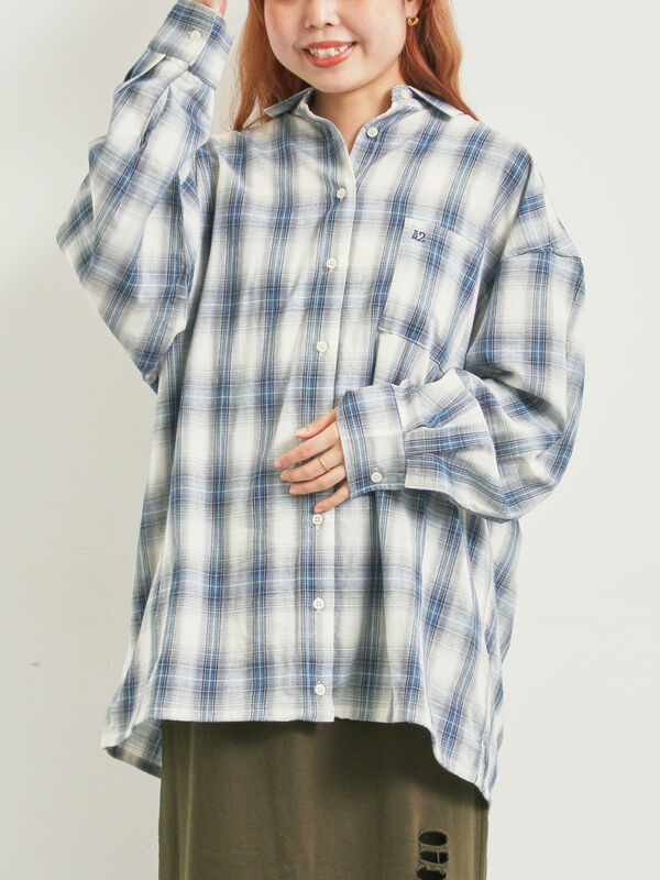 セール】 オンブレチェック裾ドロストシャツ（ブラック/ピンク