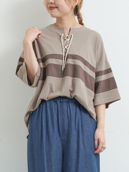 [接触冷感]編み上げラインTシャツ（チャコールグレー/ピンク/ブラウン/ブルー）｜SM2（エスエムツー）通販