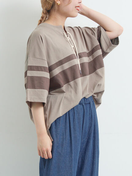 [接触冷感]編み上げラインTシャツ（チャコールグレー/ピンク/ブラウン/ブルー）｜SM2（エスエムツー）通販