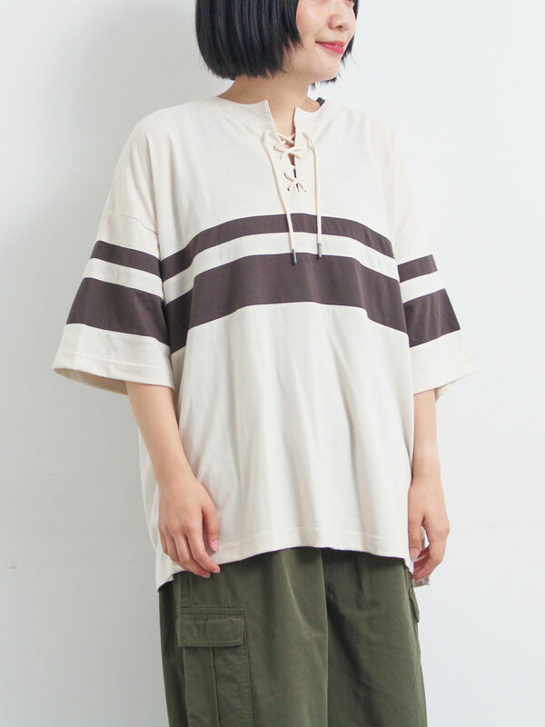 セール】 [接触冷感]編み上げラインTシャツ（チャコールグレー/ピンク