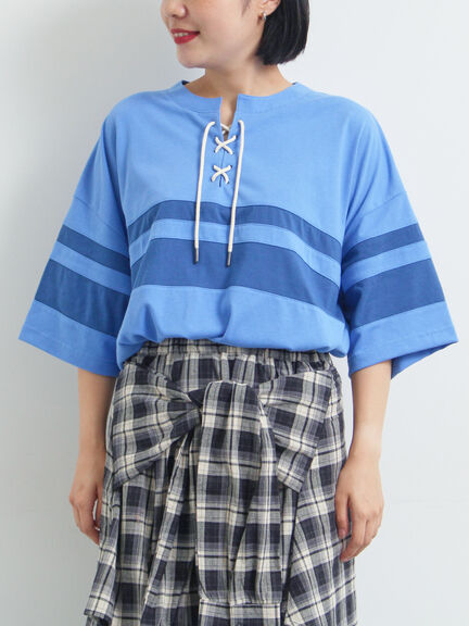 [接触冷感]編み上げラインTシャツ（チャコールグレー/ピンク/ブラウン/ブルー）｜SM2（エスエムツー）通販