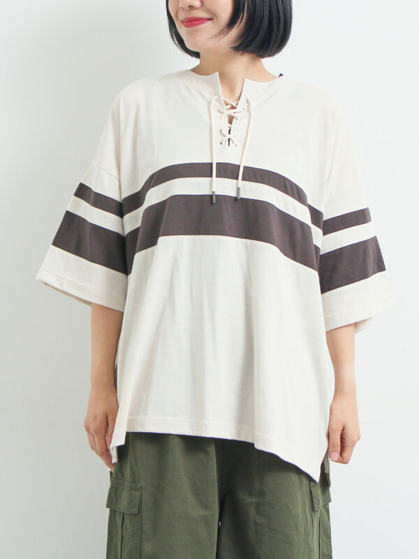セール】 [接触冷感]編み上げラインTシャツ（チャコールグレー/ピンク