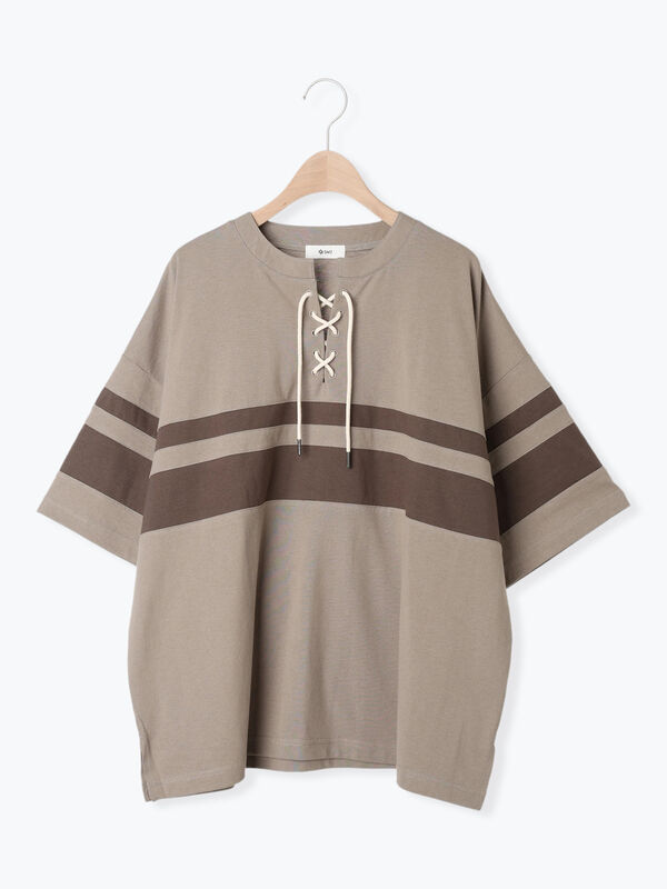 セール】 [接触冷感]編み上げラインTシャツ（チャコールグレー/ピンク