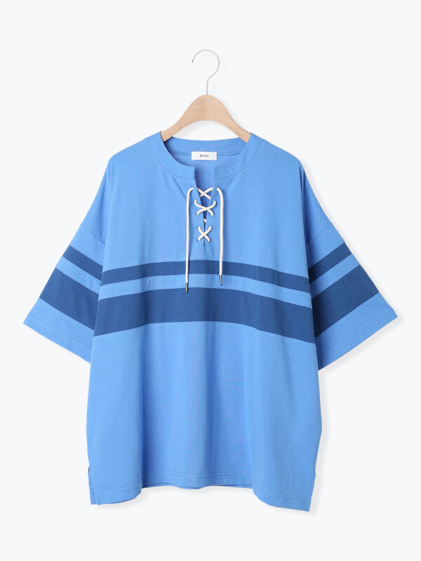 セール】 [接触冷感]編み上げラインTシャツ（チャコールグレー/ピンク