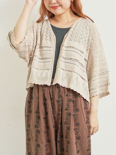 セール】 透かし編みフリル切替VネックZIPカーディガン