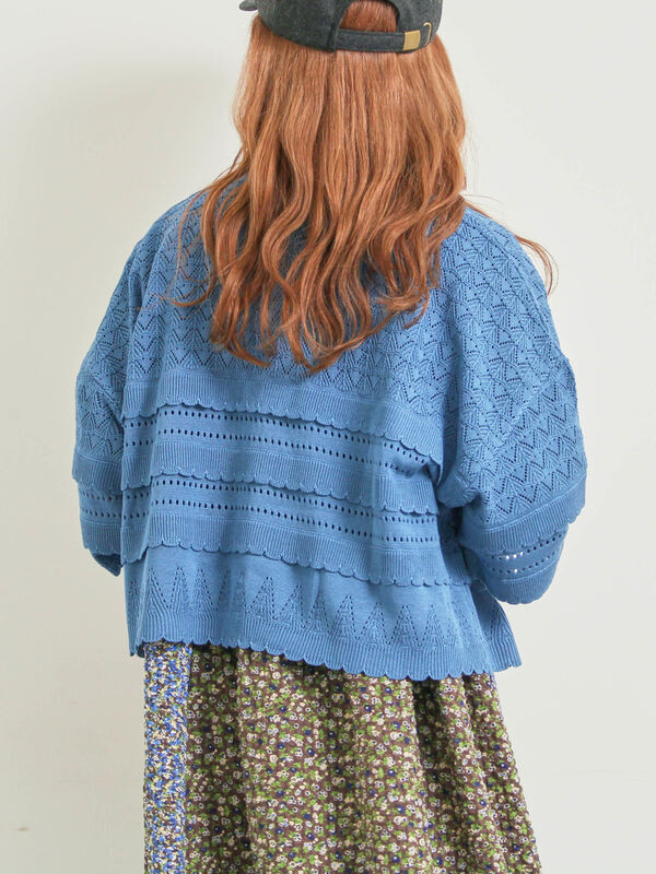 セール】 透かし編みフリル切替VネックZIPカーディガン