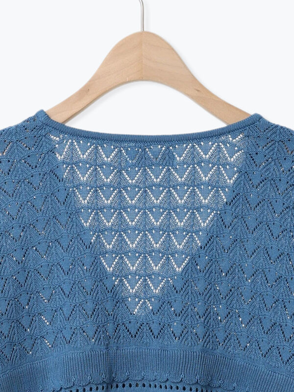 セール】 透かし編みフリル切替VネックZIPカーディガン