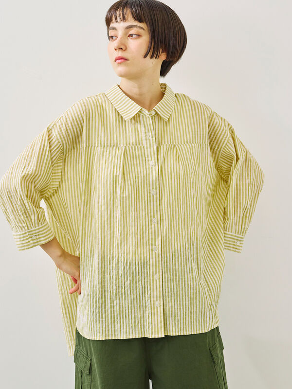 セール】 ストライプ柄七分袖シャツ（チャコールグレー/ブラウン