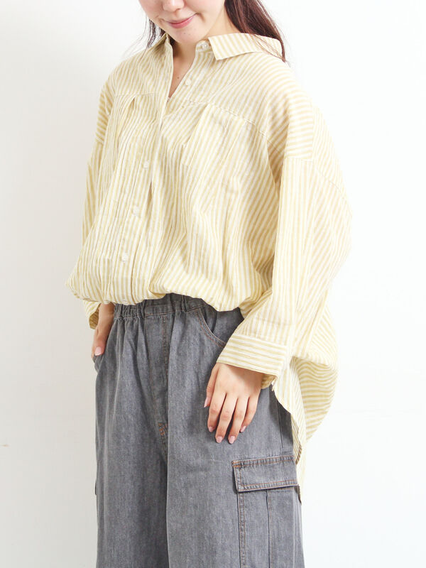 セール】 ストライプ柄七分袖シャツ（チャコールグレー/ブラウン