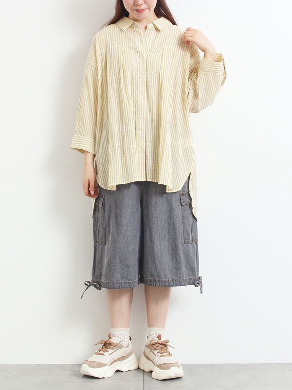 セール】 ストライプ柄七分袖シャツ（チャコールグレー/ブラウン