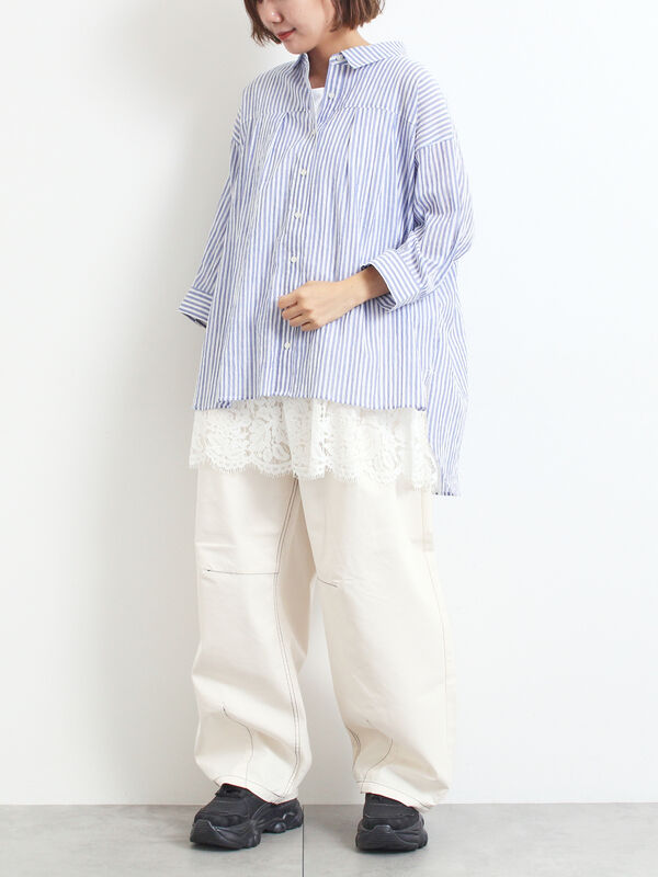 セール】 ストライプ柄七分袖シャツ（チャコールグレー/ブラウン