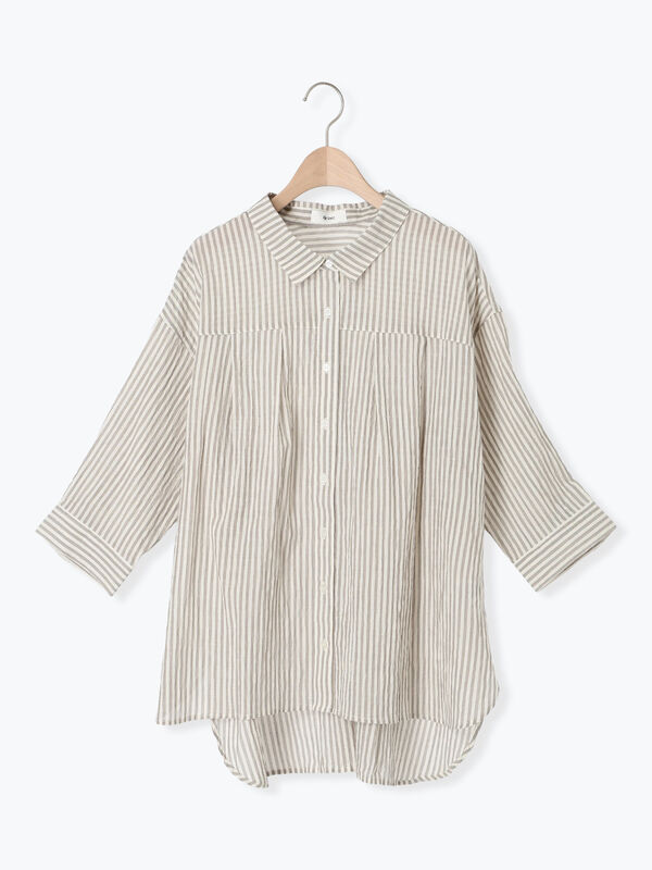 セール】 ストライプ柄七分袖シャツ（チャコールグレー/ブラウン