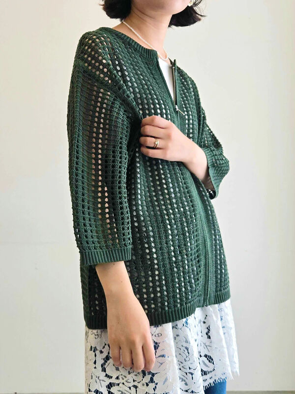 メッシュ編みジッパーカーディガン 46 セール】 メッシュ編みZIPカーディガン（ブラック/グリーン