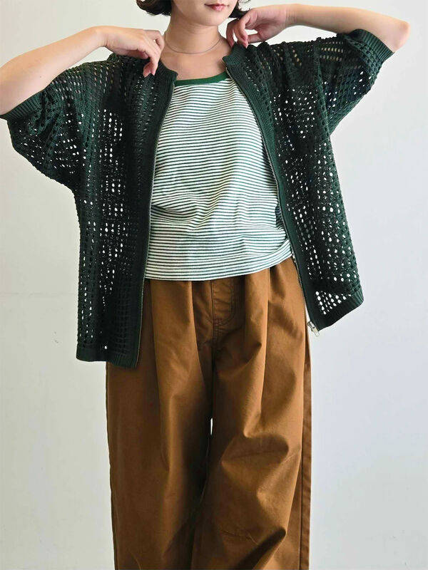 セール】 メッシュ編みZIPカーディガン（ブラック/グリーン