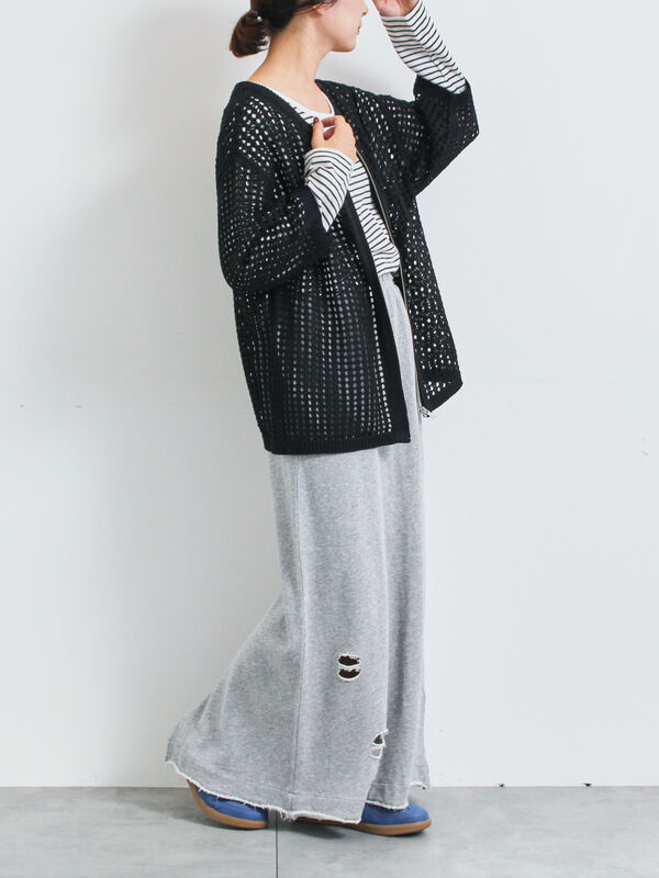 セール】 メッシュ編みZIPカーディガン（ブラック/グリーン