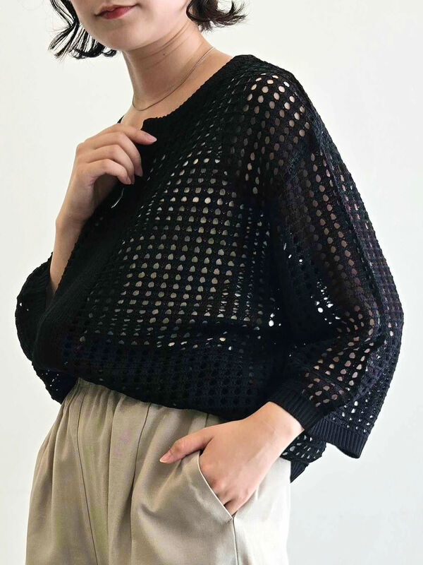 セール】 メッシュ編みZIPカーディガン（ブラック/グリーン