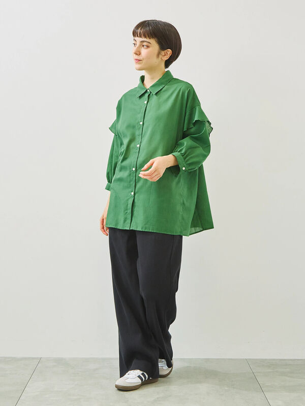 セール】 肩フリル切替シャツ（ブラック/ベージュ/オレンジ/グリーン