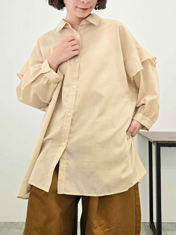 セール】 肩フリル切替シャツ（ブラック/ベージュ/オレンジ/グリーン