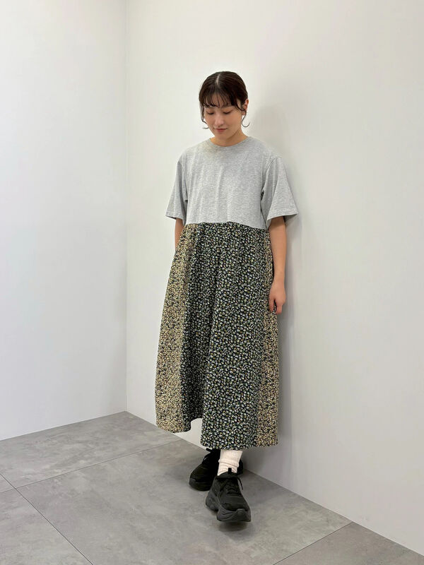 セール】 パッチワーク花柄ドッキングワンピース（グレー