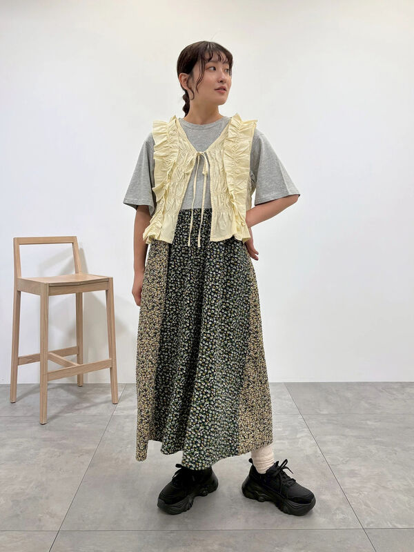 セール】 パッチワーク花柄ドッキングワンピース（グレー