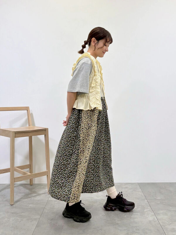 セール】 パッチワーク花柄ドッキングワンピース（グレー