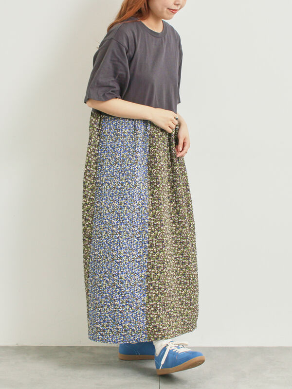 セール】 パッチワーク花柄ドッキングワンピース（グレー