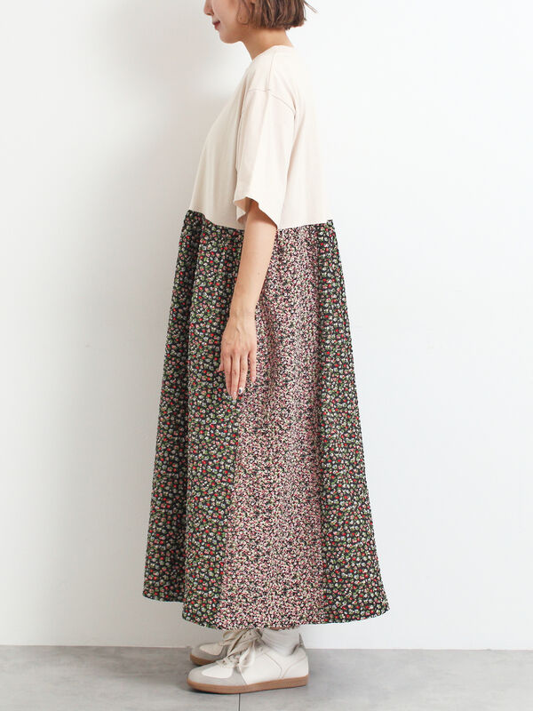 美品◎グレースコンチネンタル パッチワークパターンワンピース 花柄 S 紺 パッチワークパターンワンピース （ミニ丈・ひざ丈ワンピース