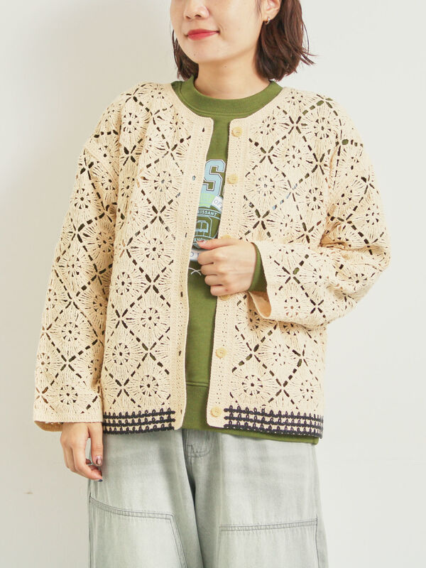 セール】 クロシェ編み風カーディガン（ブラック/オレンジ/グリーン