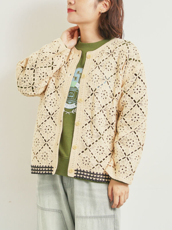 セール】 クロシェ編み風カーディガン（ブラック/オレンジ/グリーン